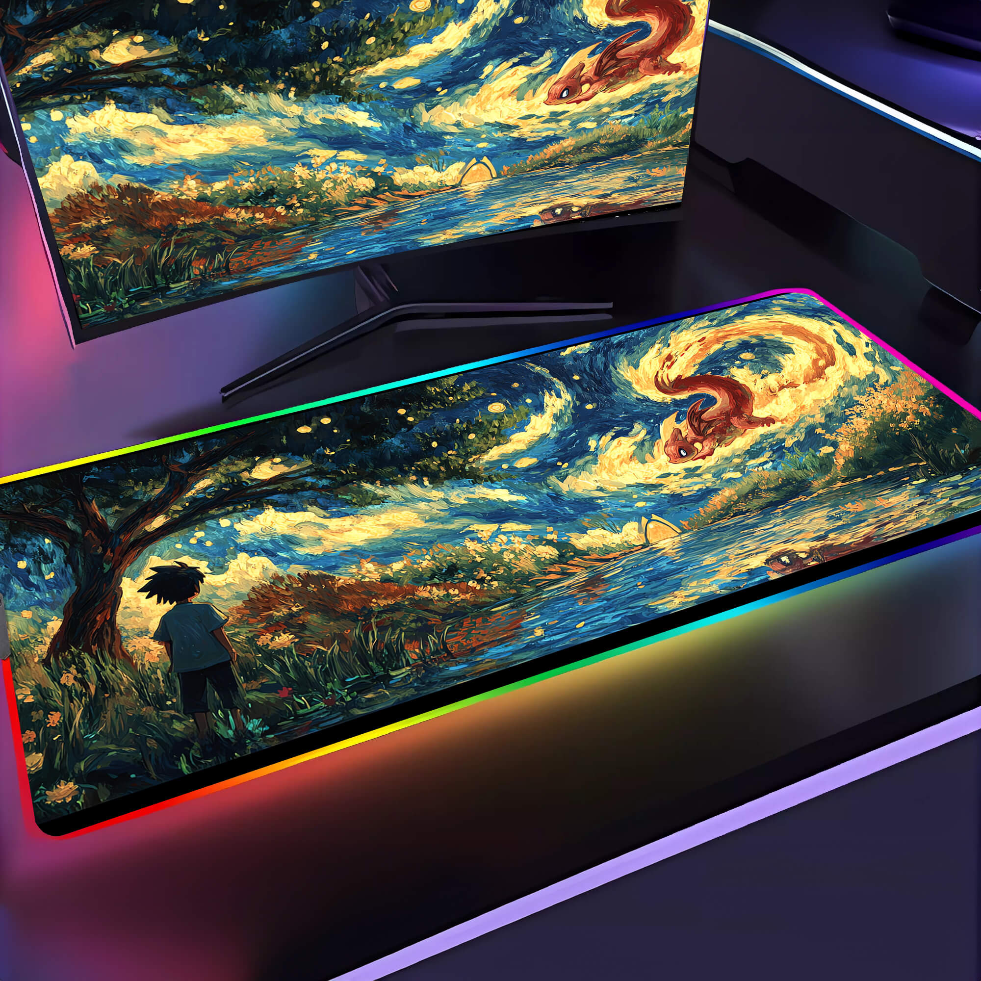 Pokemon In Van Gogh's Style Gaming Mouse Pad Extended
