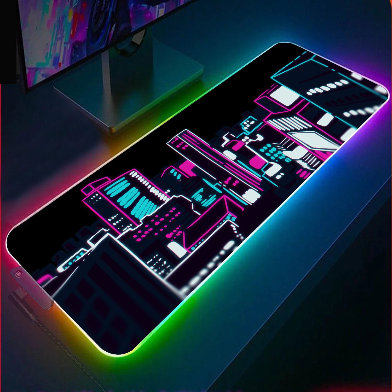 Neon City Skyline RGB Gaming Mouse Pad